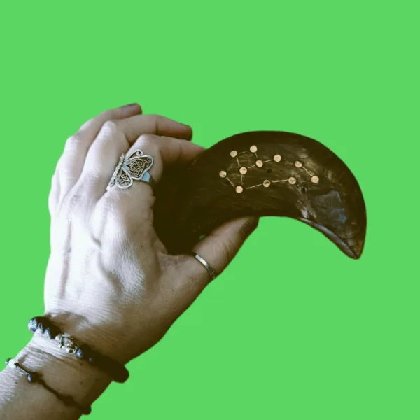 Suporte de Incenso em Madeira Meia-Lua: Constelação de Peixes (Artesanato da Índia)Transforme o seu ritual de defumação numa experiência celestial. O nosso Suporte de Incenso em Madeira em forma de Meia-Lua é mais do que um acessório; é uma peça de arte mística, esculpida à mão por artesãos talentosos na Índia, capturando a essência espiritual do signo de Peixes.A Magia Diferenciadora dos Detalhes: Constelação Incrustada em latãoO grande diferencial deste artesanato reside na sua incrustação metálica detalhada, que desenha com precisão a Constelação de Peixes.Madeira de Manga - Alta Qualidade: Feito em madeira de Manga, durável com acabamento rústico e natural, que traz o elemento "Terra" para o seu altar ou seu espaço de meditação ou de práticas de Autocuidado e AutoAmor!Simbologia Esotérica: A união da Lua (emoções e subconsciente) com a constelação de Peixes (espiritualidade e sonhos) cria um amuleto poderoso para si! Um autêntico artesanato Ativador da sua Transformação Energética!Para quê usar este Suporte de Incensos da lojaom.pt?Se é um nativo de Peixes, ou se deseja invocar as energias de serenidade, sensibilidade e intuição deste signo, este suporte é indispensável. É o artigo ideal para:Rituais de Meditação: Queime o seu incenso favorito enquanto se conecta com as estrelas. Até pode queimar 3 incensos em simultâneo, neste suporte.Decoração Esotérica: Uma peça que se destaca em qualquer prateleira, mesa, num espaço de ioga, meditação e/ou práticas energéticas.Presente com Significado: Surpreenda alguém especial com um  artesanato indiano autêntico que celebra a sua identidade astrológica! O Presente Perfeito para a Temporada de PeixesNão se contente com o comum, cada suporte é único! Traga para o seu lar um pedaço do céu noturno e a tradição milenar da Índia, num artesanato feito segundo tradições ancestrais. Este suporte de incenso é o companheiro perfeito para os nossos Óleos de Fragrância do Zodíaco, criando uma sinergia completa de aroma e simbolismo.Compre o seu suporte meia-lua - signo de Peixes hoje mesmo!